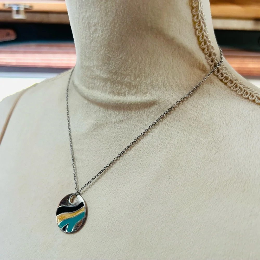 Handcrafted repurpose enamel swirl vintage pendant on chain necklace